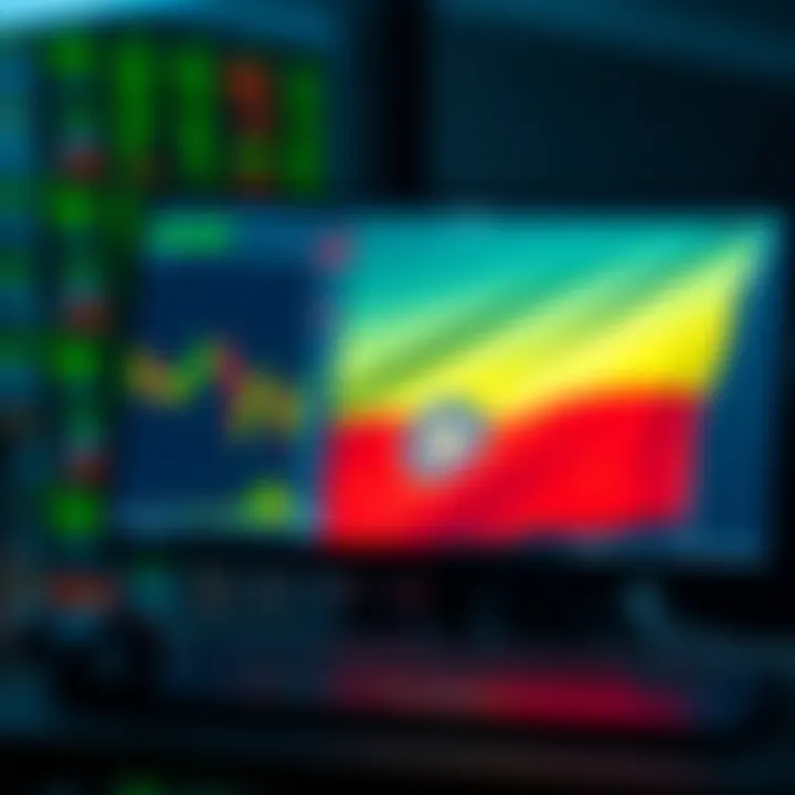 Illustration of a digital trading platform displaying binary options charts and Colombian flag