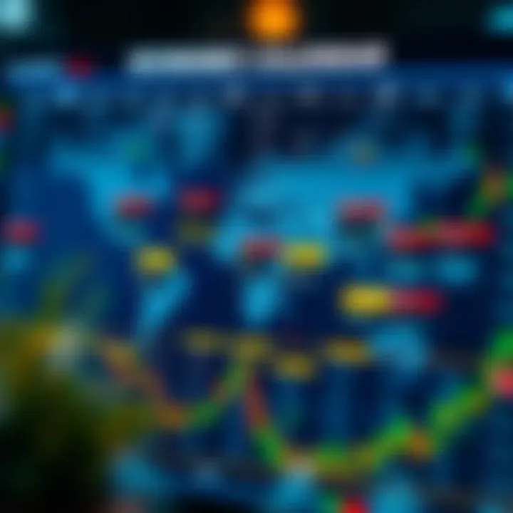 Illustration of a global economic calendar displaying various economic events and their impact on Forex trading