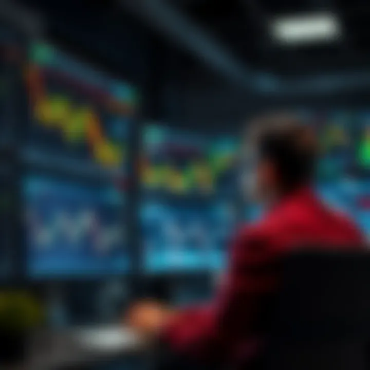 Person analyzing stock charts on multiple computer screens