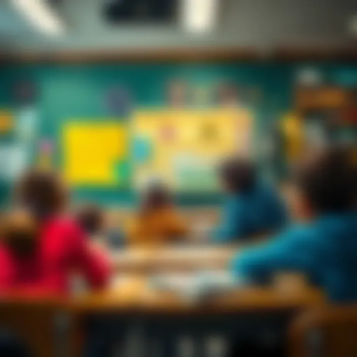 Colorful school drawing showing children identifying potential hazards in the classroom