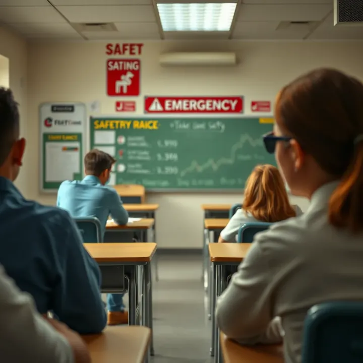 Safety Measures and Role Assignments for School Emergencies Classroom setting showing safety measures and assigned roles for emergency preparedness