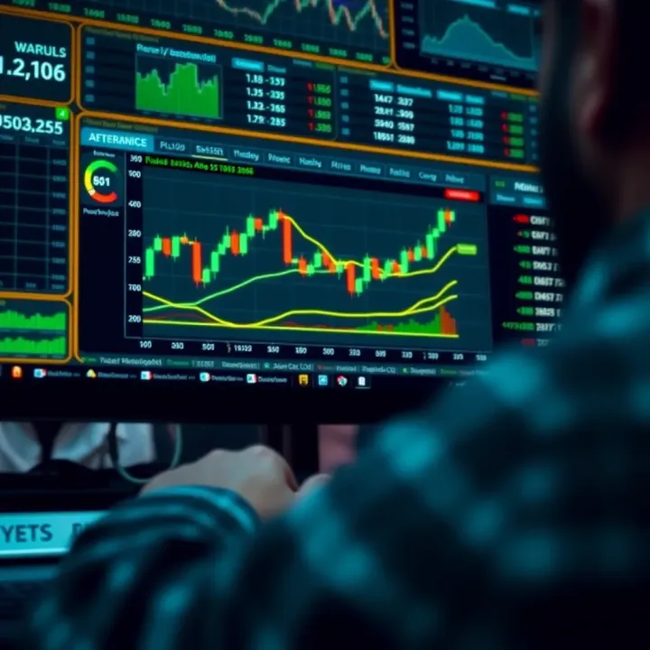 Illustration showing a digital trading course interface with charts and interactive modules