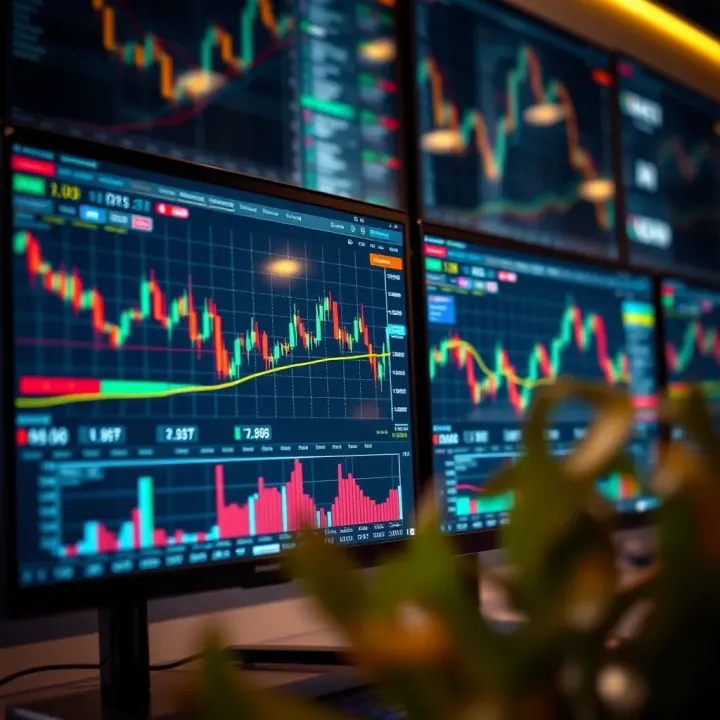 Interface displaying various types of online trading platforms with charts and market data