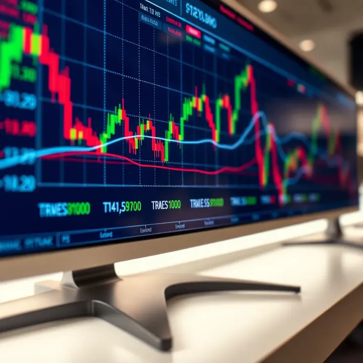 Graph showing financial market trends and trading signals on a digital screen