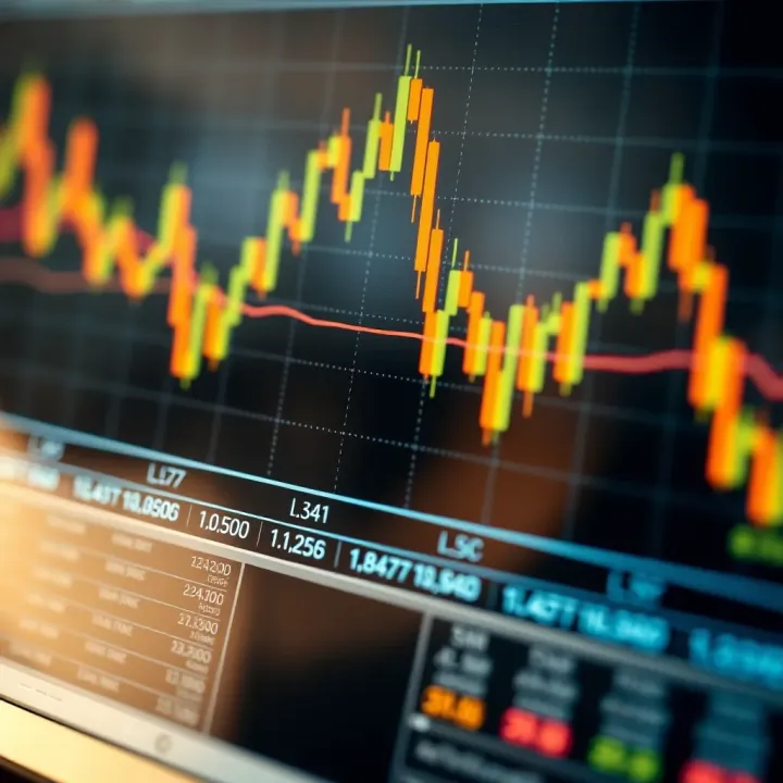 Graph depicting currency exchange rate fluctuations with technical indicators overlay