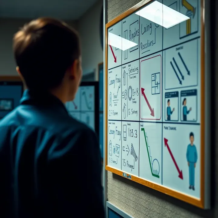 Educational scene with a board displaying drawings used to communicate safety measures and prevention strategies in a school