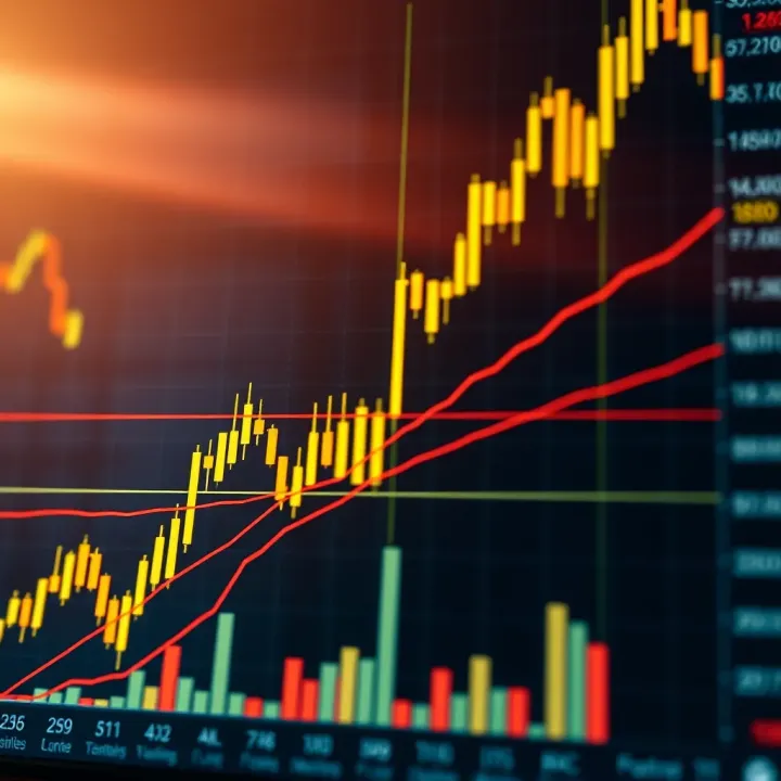 Candlestick chart showing gold price fluctuations with technical indicators
