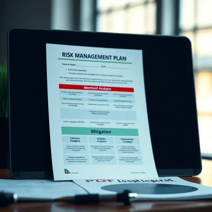Diagram showing the structure of a risk management plan in PDF format with sections on identification, analysis, and mitigation