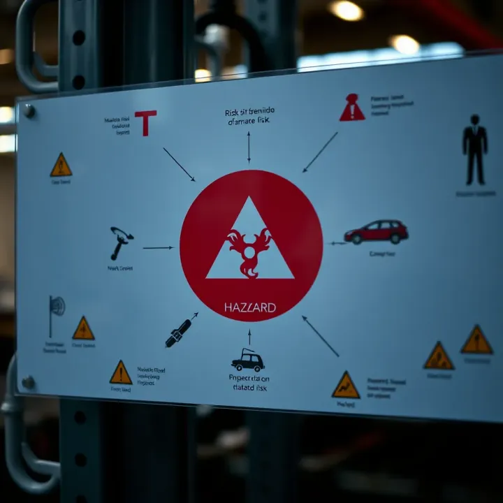 Visual diagram illustrating hazard identification with symbols representing various workplace risks