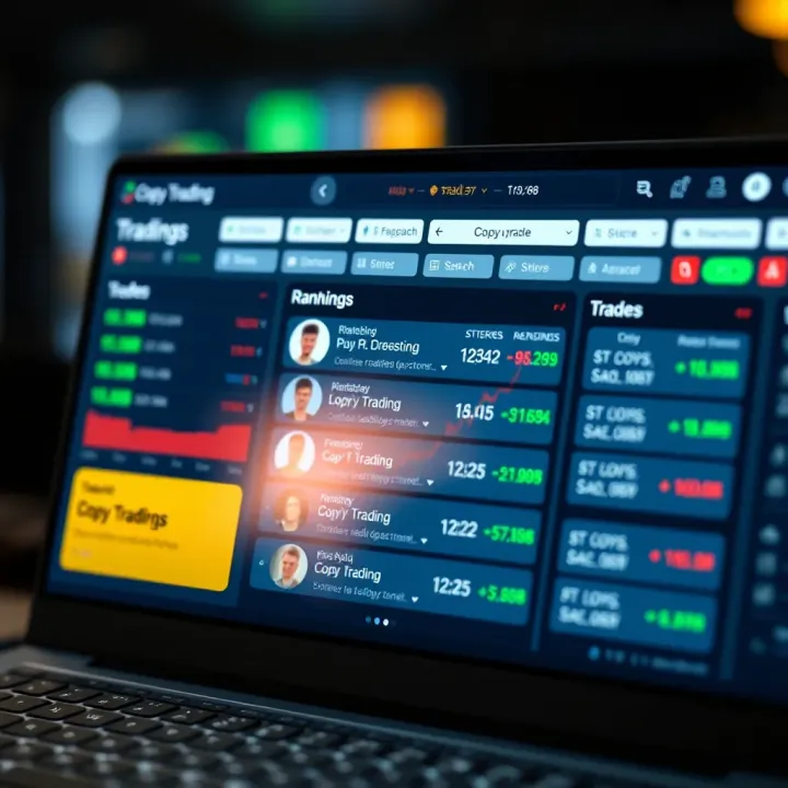 Secure online trading platform interface displaying trader rankings and copy trading options
