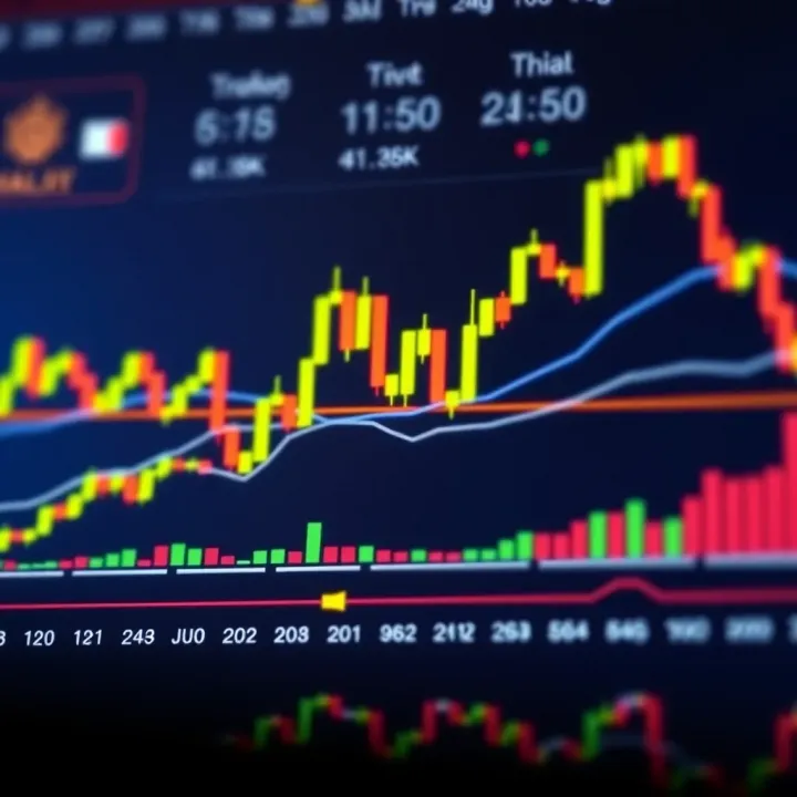 Financial chart showing candlestick patterns and trend lines for stock market analysis