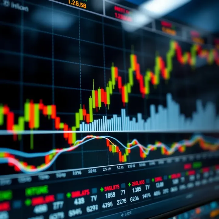 Chart showing various technical indicators like moving averages and RSI on a financial market graph
