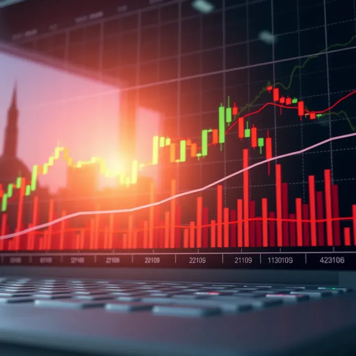 Graph showing stock price movement with candlestick patterns and volume bars