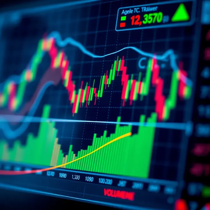 Graph displaying various technical indicators such as moving averages and volume bars