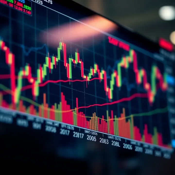 Graph illustrating various technical indicators such as moving averages and volume to analyze financial trends