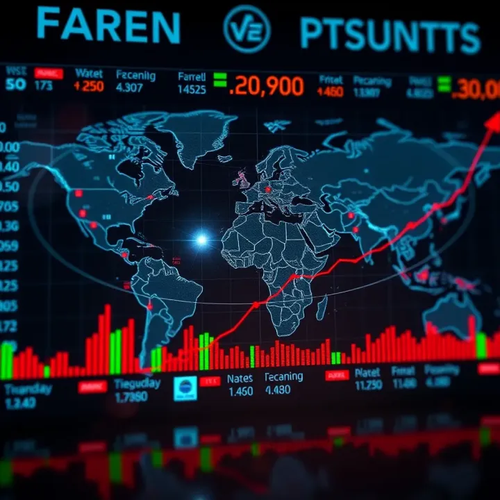 Global currency exchange rates fluctuating on a digital world map