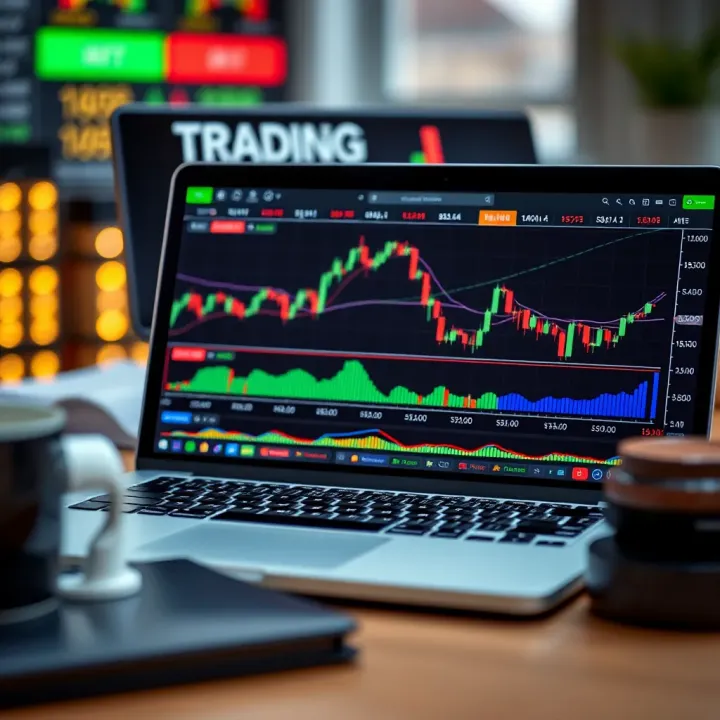 Laptop displaying trading platform with various financial instruments and indicators
